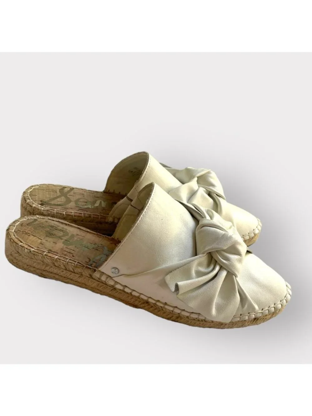 Sam Edelman Size 7.5 White Lynda Leather Bow Espadrille Slide Sandals Mule Shoes